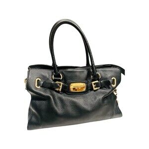 Michael Kors MK Hamilton Tote Satchel Black / Gold Belted Bag Pebbled Leather
